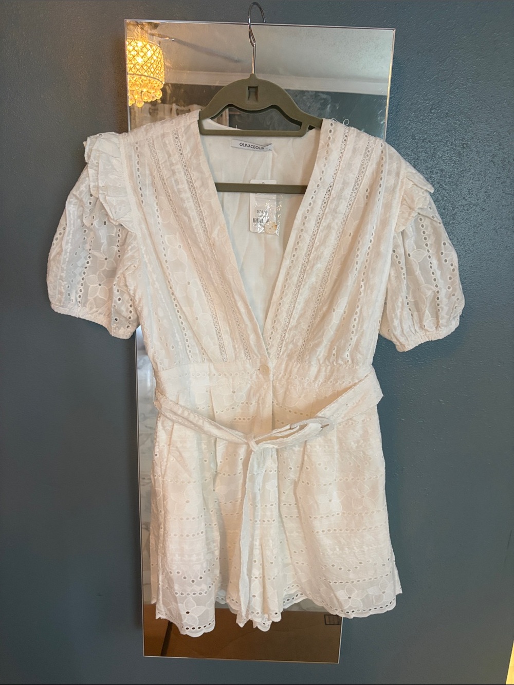 LoveShackFancy White Eyelet V-Neck Puff Sleeve romper